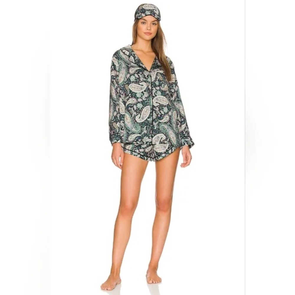 PLUSH Paisley Pajama Set With Eye Mask In Green Size XS‎